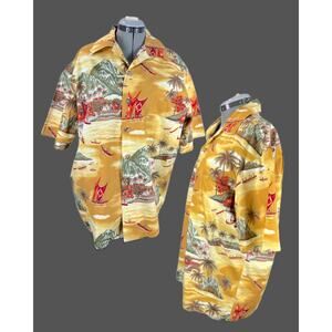 Vintage 80s 90s Paradise on a Hanger Gold Catamaran Tiki Huts Hawaiian Shirt  L
